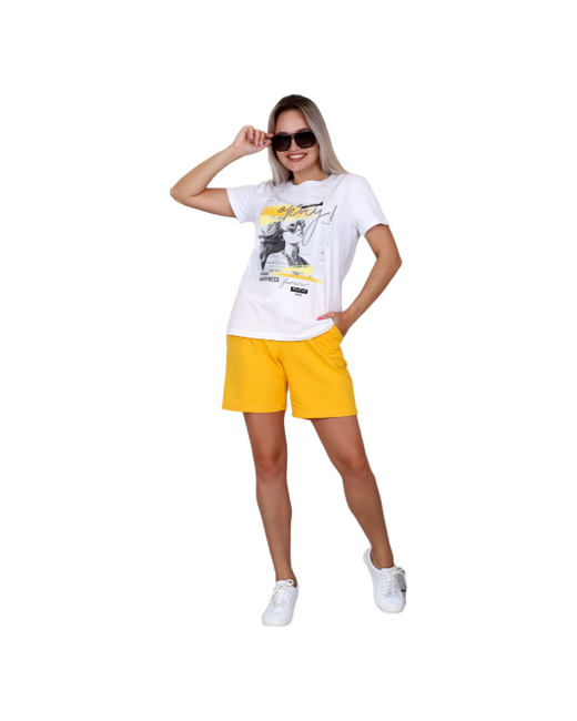 Elena Tex Костюм футболка и шорты повседневный стиль свободный силуэт пояс на резинке карманы размер 60 желтый