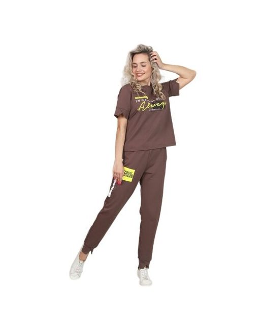 Elena Tex Костюм футболка и брюки повседневный стиль свободный силуэт пояс на резинке трикотажный карманы размер 44