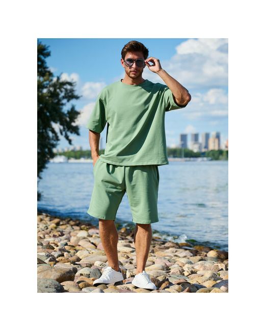 Ihomelux Костюм футболка и шорты спортивный стиль свободный силуэт карманы размер 56/58 зеленый
