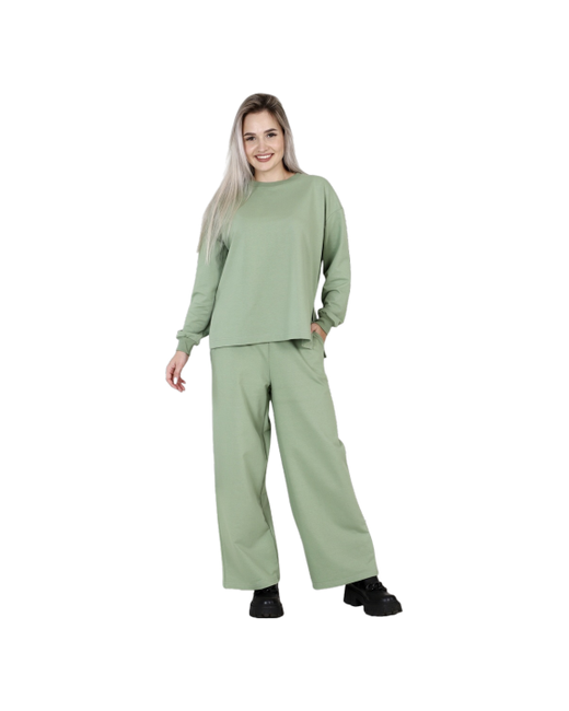 Elena Tex Костюм свитшот и брюки повседневный стиль свободный силуэт пояс на резинке трикотажный размер 54 зеленый