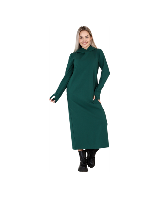 Elena Tex Платье-толстовка в спортивном стиле прямой силуэт макси капюшон карманы размер 42 зеленый