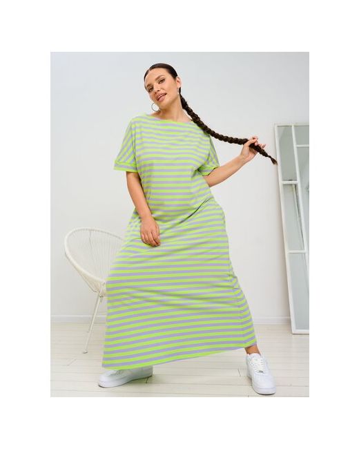 maxroses Платье-футболка повседневное прямой силуэт миди карманы размер 4XL зеленый фиолетовый