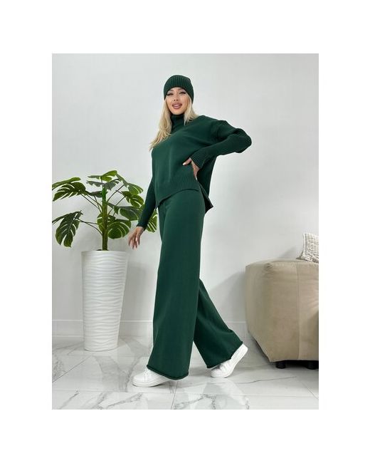 A&E Fly Костюм-тройка водолазка и брюки повседневный стиль оверсайз вязаная пояс на резинке трикотажный утепленный размер 42-46 зеленый