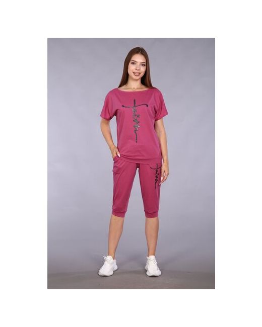 IvCapriz Костюм футболка и бриджи повседневный стиль свободный силуэт карманы пояс на резинке трикотажный манжеты размер 46 розовый черный