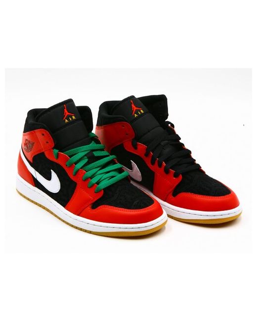 Nike Кроссовки Air Jordan 1 Mid демисезон/лето повседневные натуральная кожа полнота D высокие нескользящая подошва размер 10.5US зеленый красный