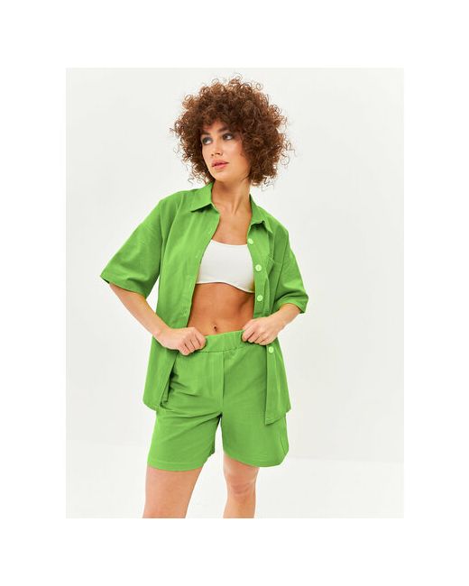 Se.M.S Костюм рубашка и шорты повседневный стиль свободный силуэт карманы пояс на резинке размер M зеленый