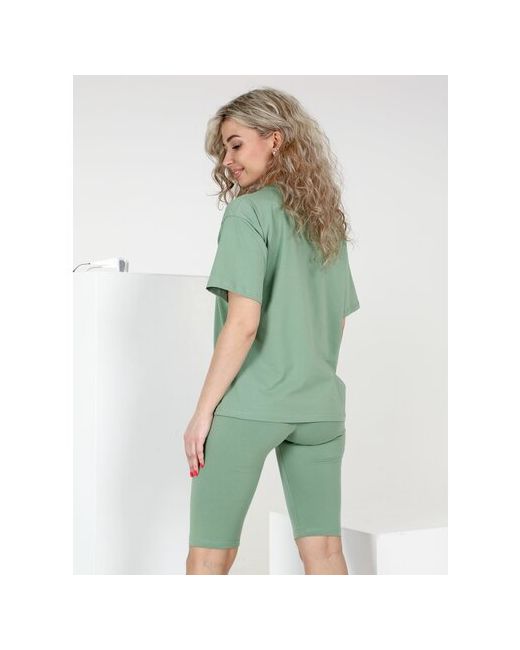 Лиза Костюм футболка и велосипедки повседневный стиль оверсайз пояс на резинке размер 46 зеленый
