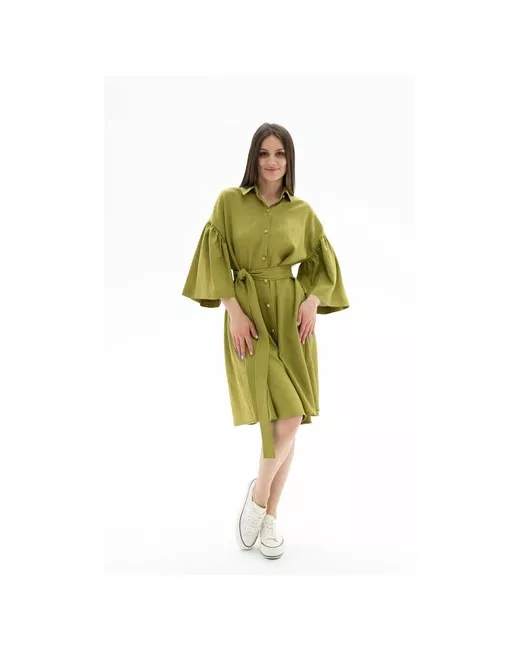 Saniatti Платье-рубашка лен в классическом стиле свободный силуэт миди размер S зеленый
