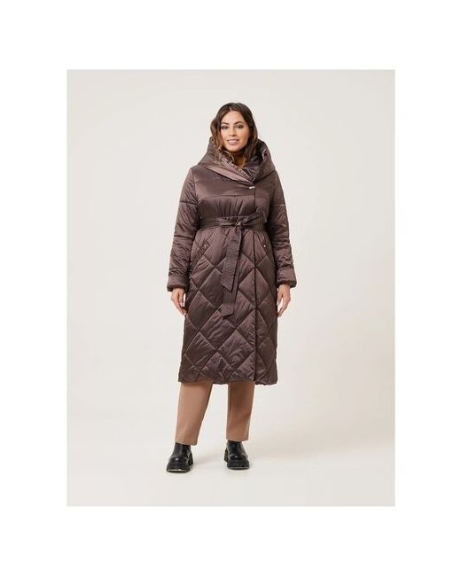 Maritta Куртка демисезон/зима удлиненная силуэт полуприлегающий стеганая утепленная капюшон карманы несъемный подкладка пояс/ремень размер 48