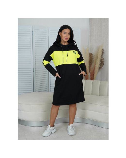 lovetex.store Платье-толстовка в спортивном стиле оверсайз до колена капюшон карманы размер 54 черный желтый