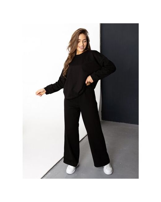 ПромДизайн Костюм свитшот и брюки повседневный стиль прямой силуэт карманы стрейч размер 42 черный