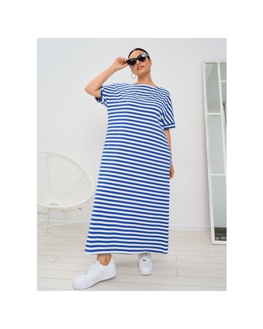 maxroses Платье-футболка повседневное прямой силуэт миди карманы размер 4XL синий