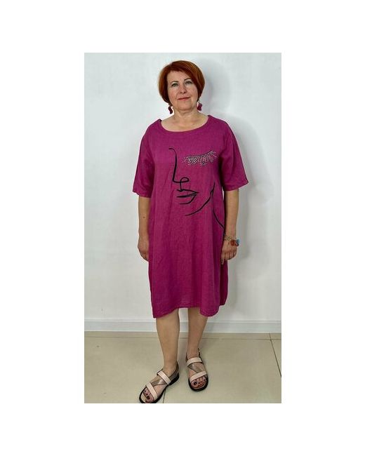 Made in Ital Платье-футболка лен свободный силуэт миди карманы размер 48-52 бордовый
