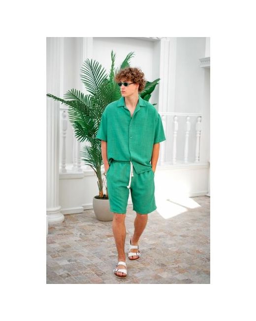 Breezy Костюм рубашка и шорты повседневный стиль оверсайз пояс на резинке размер 46-48 зеленый