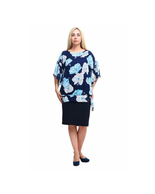 Olsi Блуза нарядный стиль свободный силуэт короткий рукав полупрозрачная флористический принт размер