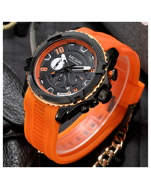 Megir Наручные часы Кварцевые спортивные водонепроницаемые с хронографом черный оранжевый