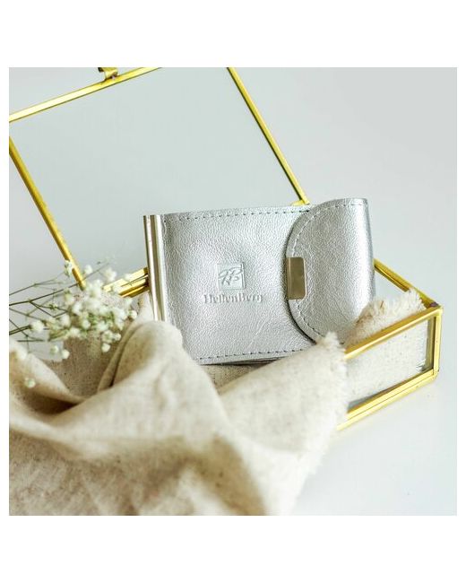 HellenBerg Зажим для купюр с хлястиком на кнопке отделения карт и монет подарочная упаковка серебряный