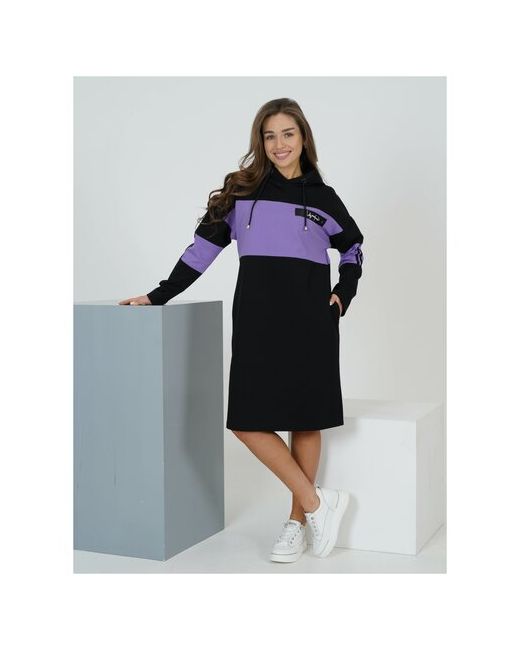 lovetex.store Платье-толстовка в спортивном стиле оверсайз до колена капюшон карманы размер 48 черный фиолетовый