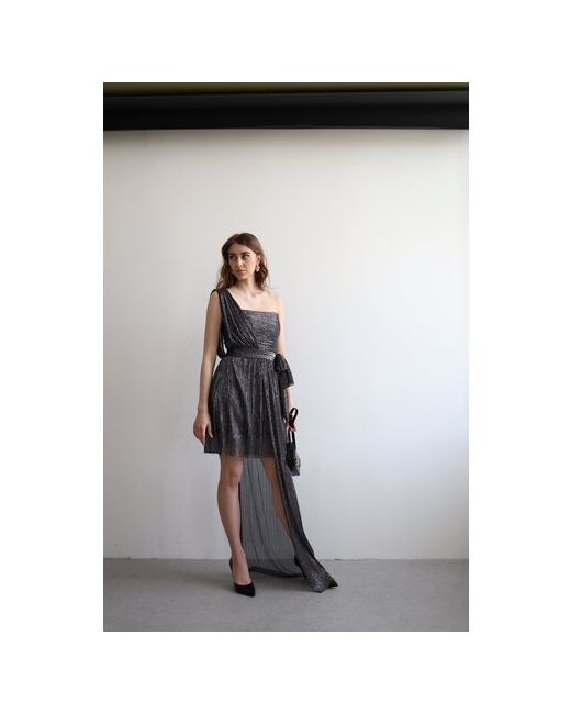Na Lubvi Платье вечернее прилегающее мини шлейф открытая спина подкладка размер 44 черный серебряный