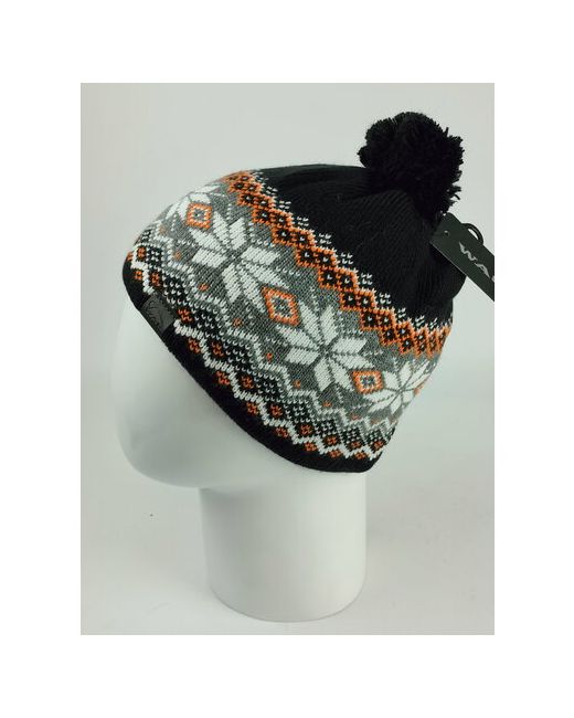 Wag Concept Шапка бини демисезон/зима с помпоном подкладка вязаная утепленная размер 56-58 черный оранжевый