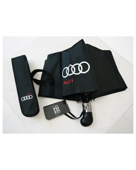 Audi Зонт автомат 3 сложения купол 100 см. 9 спиц ручка натуральная кожа чехол в комплекте