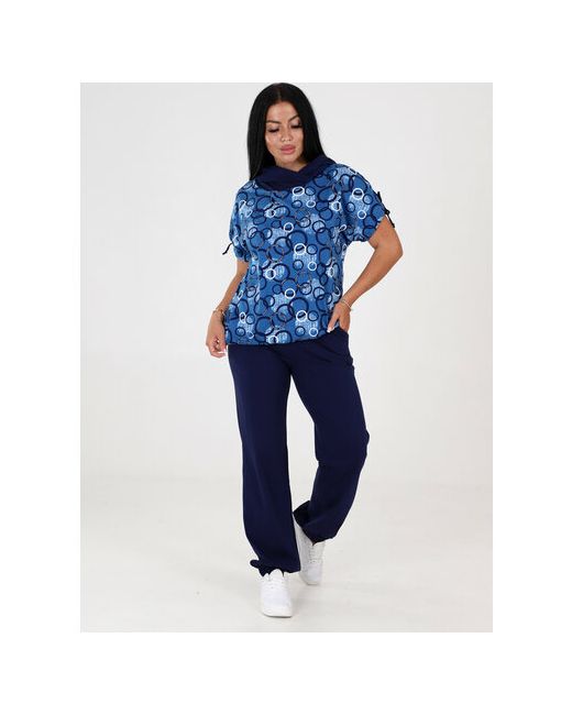 IvCapriz Костюм футболка и брюки повседневный стиль свободный силуэт трикотажный капюшон карманы пояс на резинке размер 46 синий