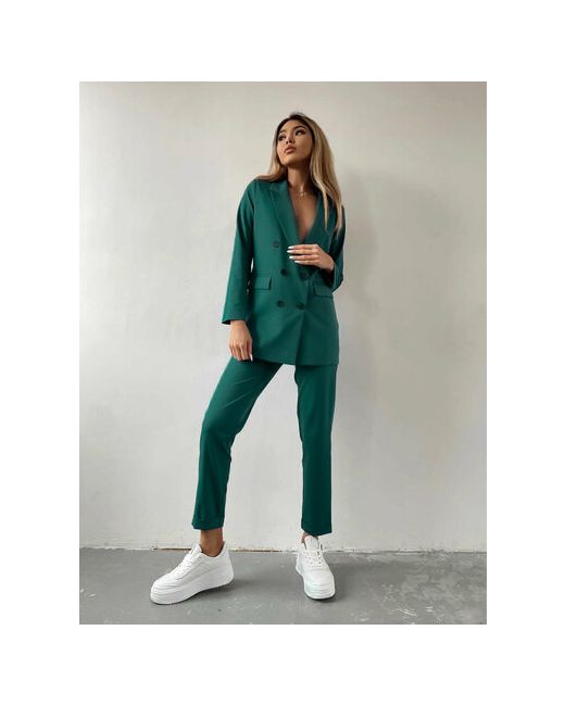 Blazer Костюм жакет и брюки классический стиль полуприлегающий силуэт пояс на резинке размер 46 зеленый