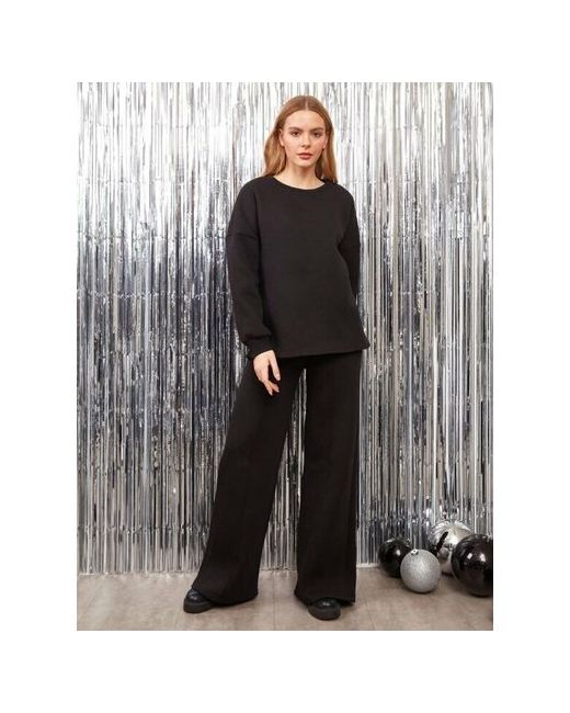 Aliya fashion Костюм свитшот и брюки спортивный стиль оверсайз стрейч утепленный размер M черный