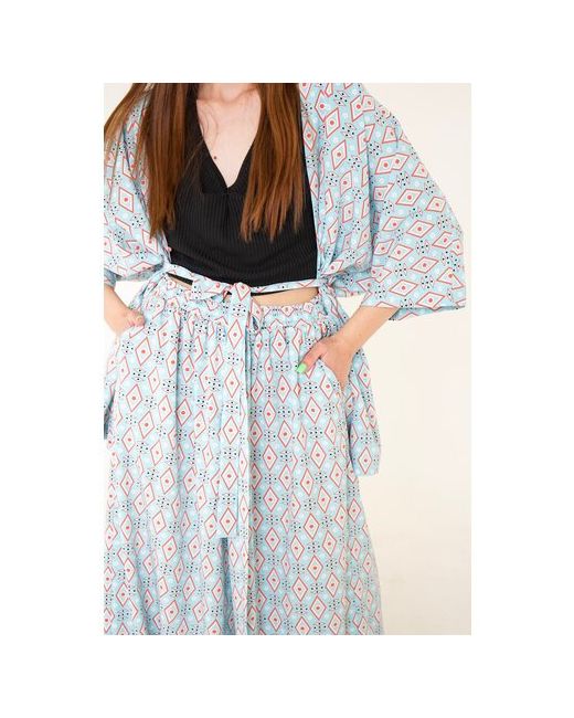 Clamp-Shop Костюм кимоно и брюки повседневный стиль оверсайз пояс/ремень карманы размер 50