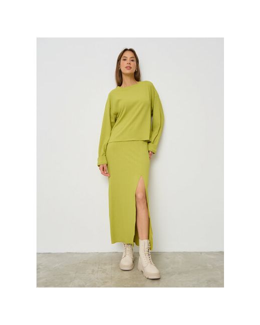 Brandberry Костюм худи и юбка повседневный стиль свободный силуэт пояс на резинке трикотажный размер 46 зеленый
