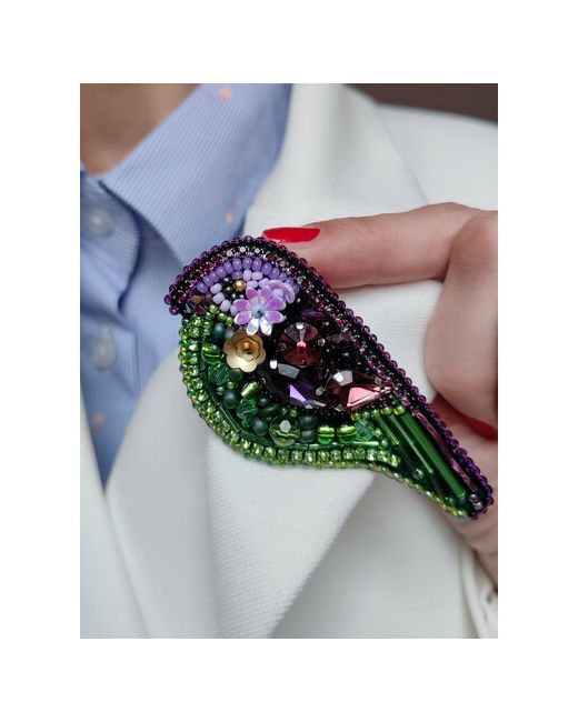 Julia Batirova Брошь нержавеющая сталь текстиль бижутерный сплав вышивка кристалл стразы фиолетовый зеленый