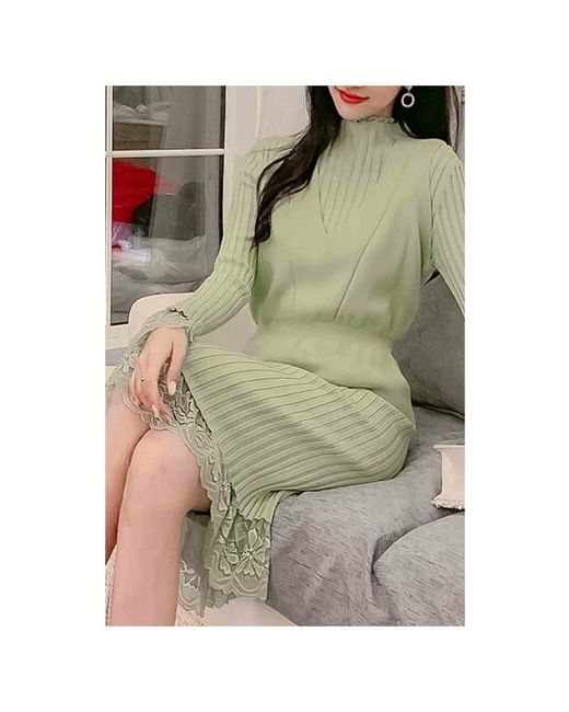 Bgt Платье-свитер повседневное классическое прилегающее до колена вязаное утепленное размер 44/46 зеленый