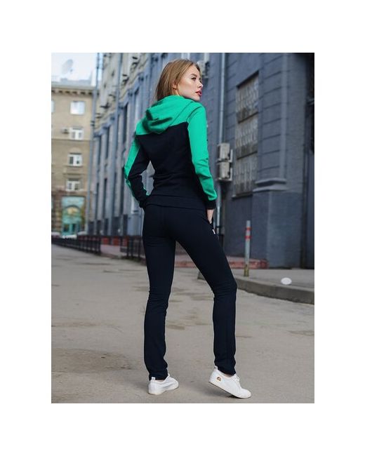 Crosssport Костюм олимпийка и брюки силуэт прилегающий карманы капюшон светоотражающие элементы трикотажный размер 42 синий зеленый