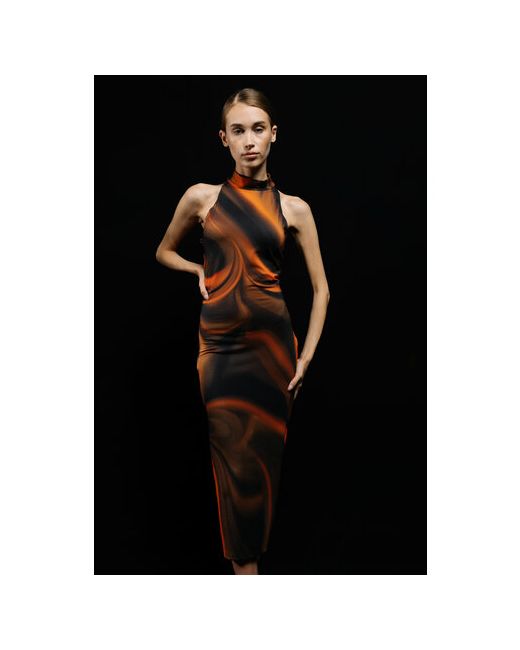 desilva store Платье повседневное прилегающее миди размер 42/44 оранжевый черный