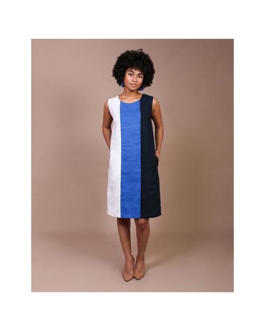 J-Splash Платье лен в классическом стиле трапециевидный силуэт до колена размер 42 синий