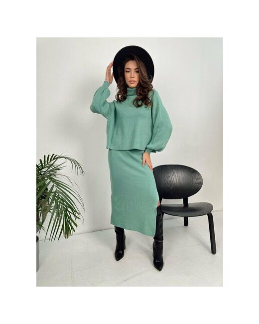 Matreshka Костюм свитер и юбка повседневный стиль полуприлегающий силуэт вязаная стрейч трикотажный размер one зеленый