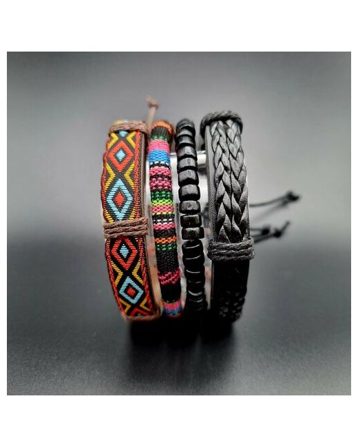 Reniva Комплект браслетов с плетеной феничкой 4 в 1 на завязках коричневый/черный кожа набор