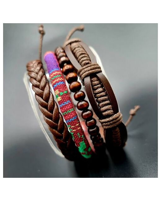 Reniva Комплект браслетов с плетеной феничкой 4 в 1 на завязках коричневый/черный кожа набор