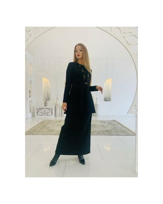 Fatmafashion Костюм туника и юбка классический стиль полуприлегающий силуэт баска размер 44-48 черный