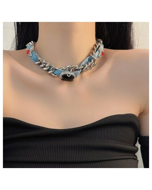 Плешоп Цепочка ожерелье ohr-150388-56 металлическая с ремешками и камнем серебристо-синий 20 см