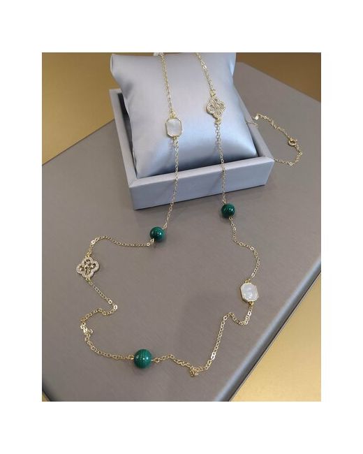 CoolStone Ожерелье JOUR дизайнерское премиум с Малахитом Перламутром Лунным камнем и Цирконами в позолоте ручная работа