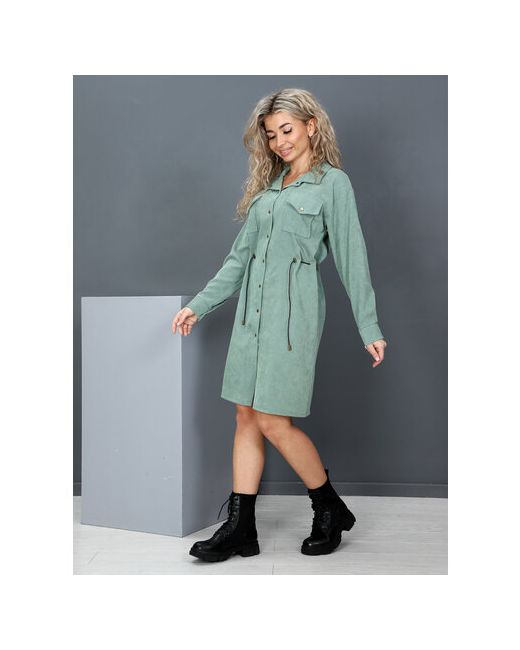IvCapriz Платье-рубашка вельвет свободный силуэт миди карманы размер 52 зеленый
