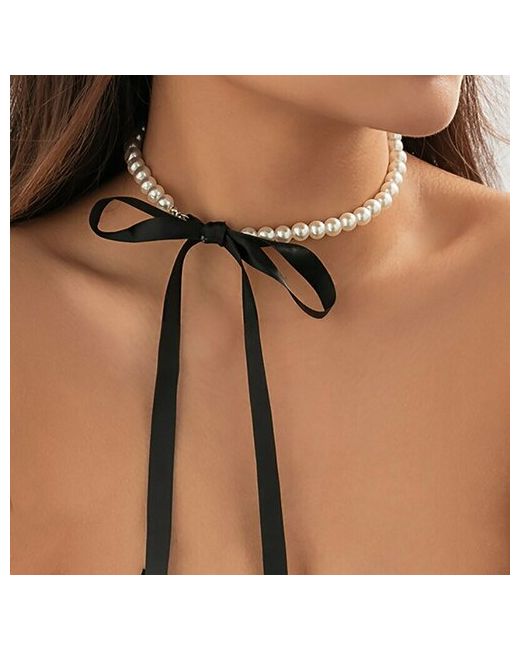 Fashion Jewelry Ожерелье чокер с длинной черной лентой и искусственным жемчугом колье бижутерия