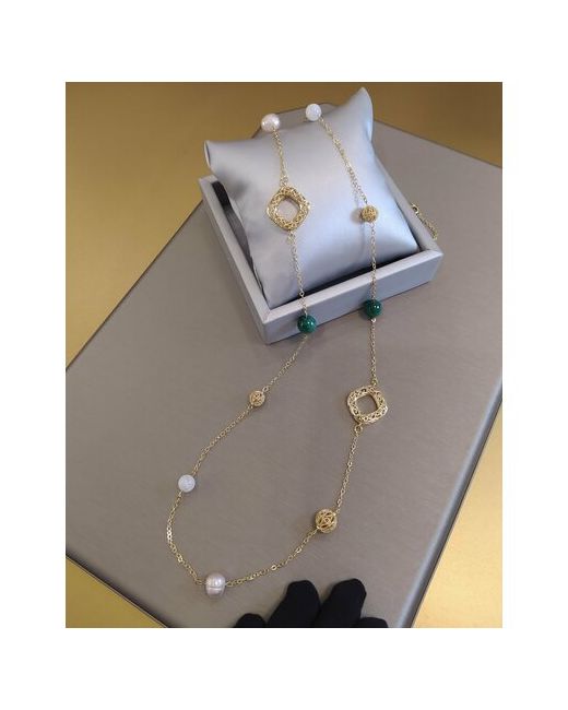 CoolStone Ожерелье SQUARE дизайнерское премиум с Малахитом Лунным камнем и Жемчугом в позолоте ручная работа