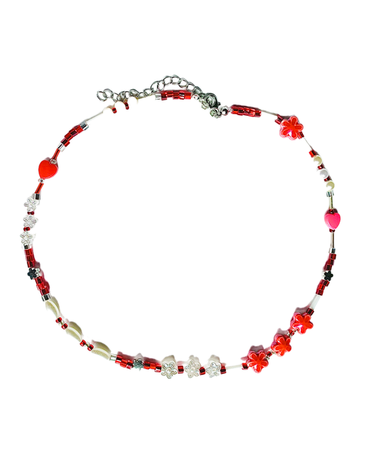 My Lollipop Ожерелье бижутерия из белого и красного стеклянного бисера с цветами
