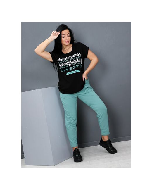 IvCapriz Костюм футболка и брюки повседневный стиль прямой силуэт трикотажный пояс на резинке карманы размер 50 зеленый черный
