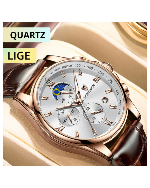 Lige Наручные часы Часы наручные кварцевые с хронографом брендовые деловые золото