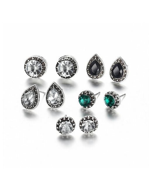 ANNIKA jewelry Серьги винтаж 5 штук с камнями черный серебряный