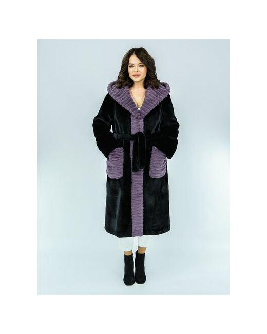 Prima Woman Пальто искусственный мех удлиненное силуэт прямой карманы капюшон пояс/ремень размер