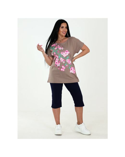Modalina Костюм футболка и бриджи повседневный стиль свободный силуэт пояс на резинке карманы трикотажный размер бежевый
